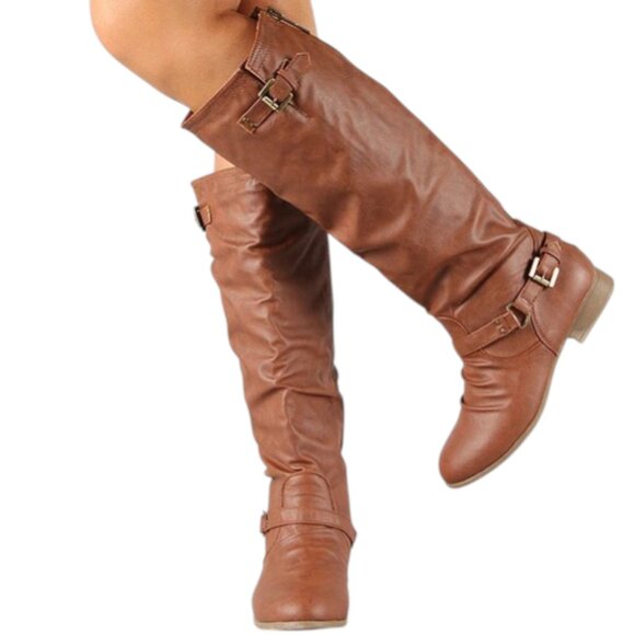 Faux Leather Buckle Detail Knee-High Equestrian-Inspired Fashion Riding Boots - Picture 1 of 8